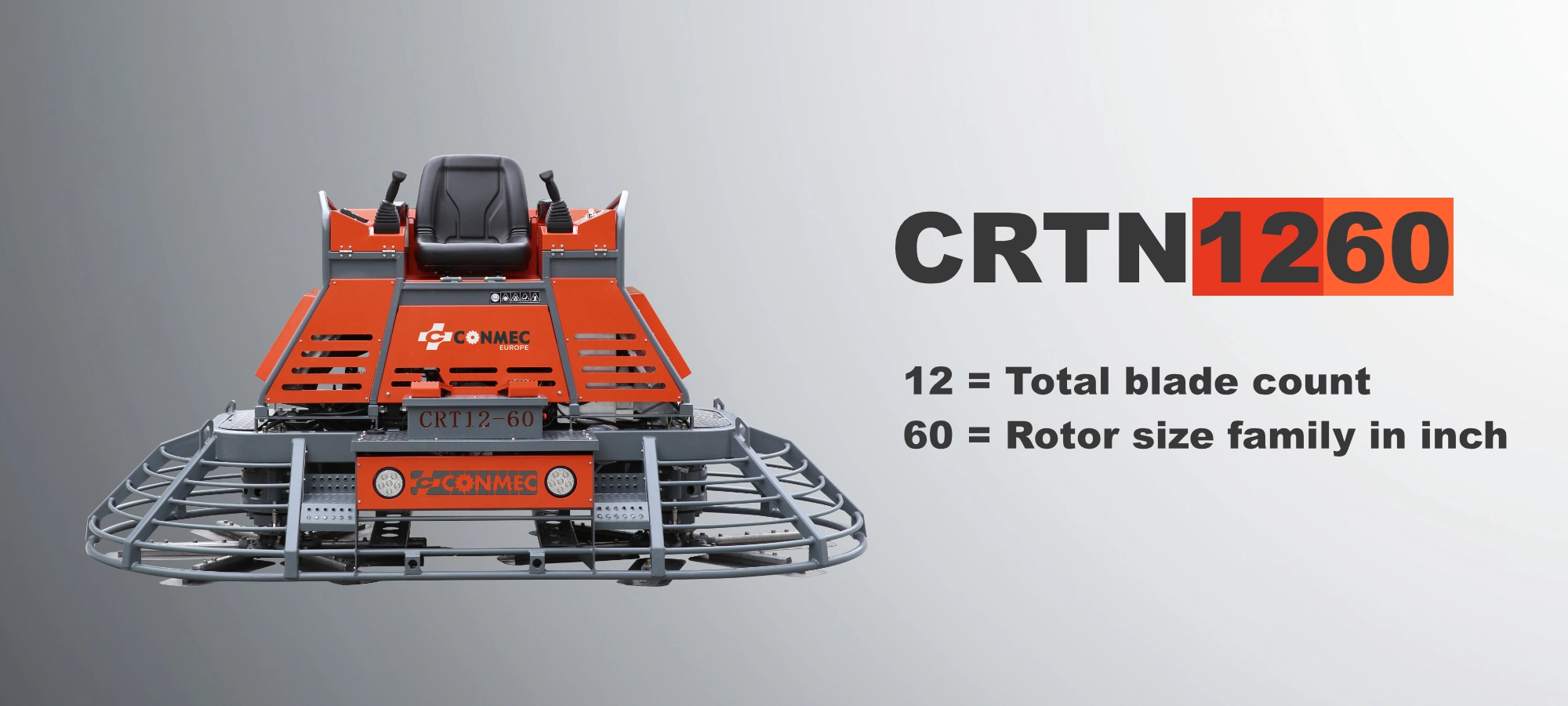 CONMEC ride-on power trowel diagram explaining model code, blade count, rotor diameter and working width